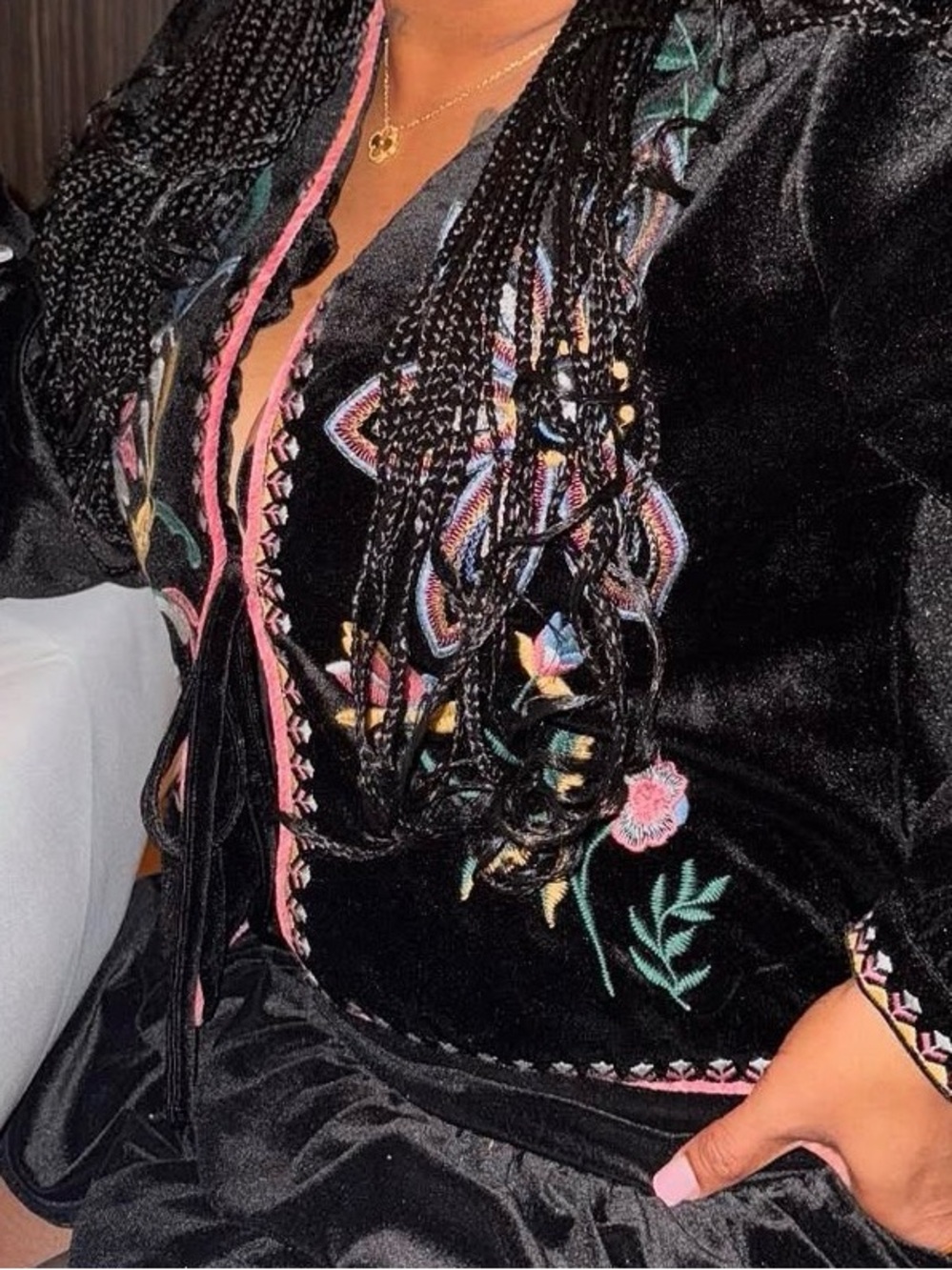 Embroidered Velvet Peasant Blouse - Black with Multicolor Floral